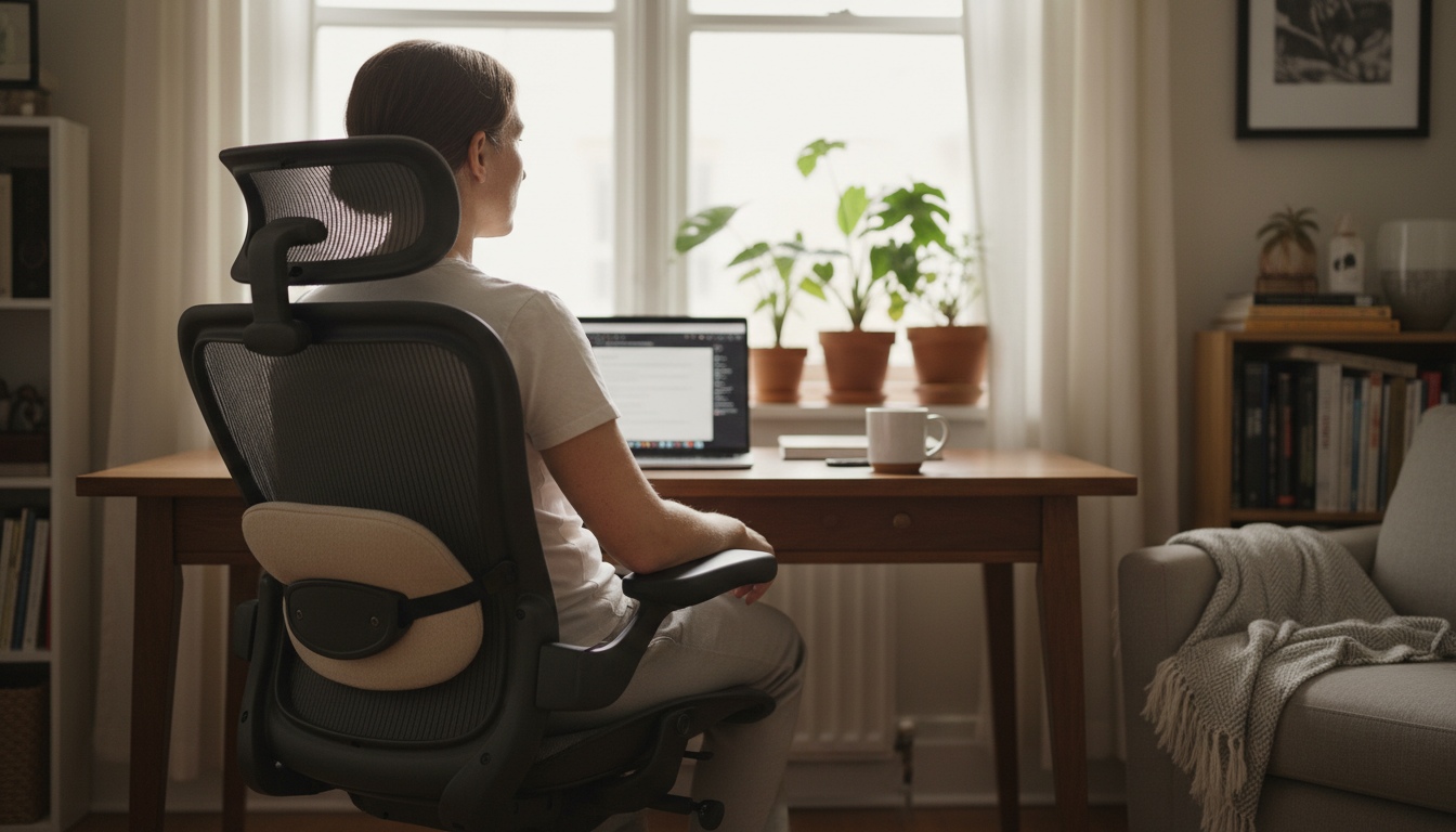 Person using lumbar support pillow in office chair