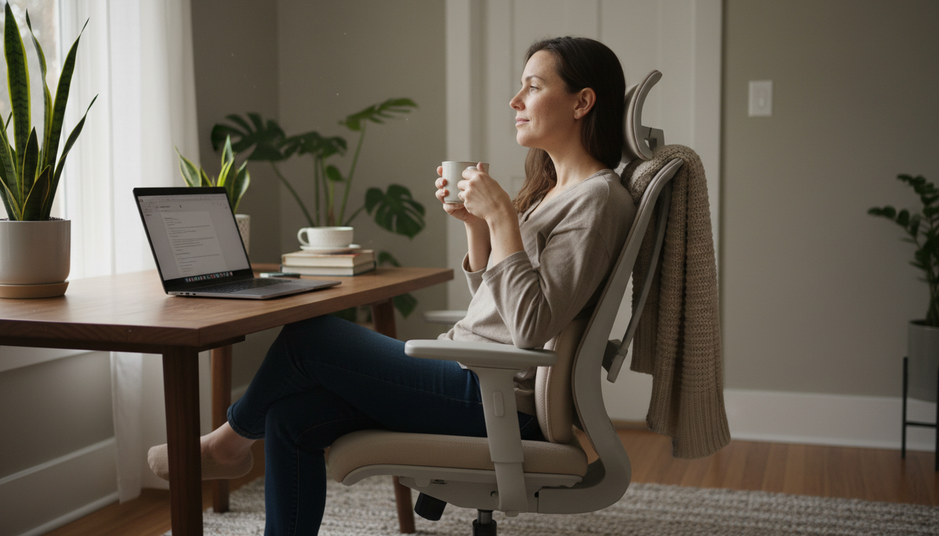 Person using lumbar support pillow in office chair