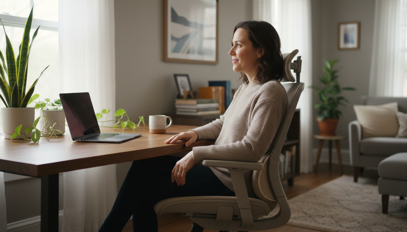 Person using lumbar support pillow in office chair