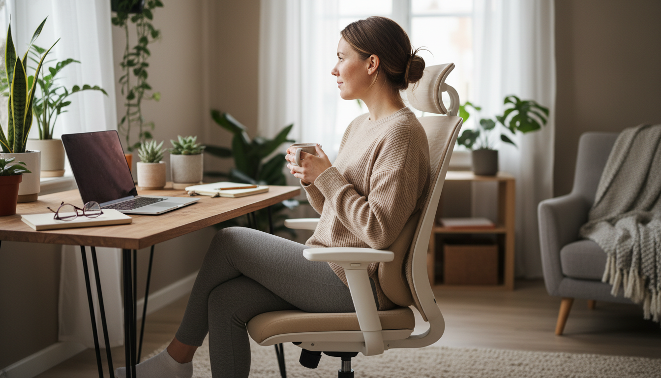 Person using lumbar support pillow in office chair