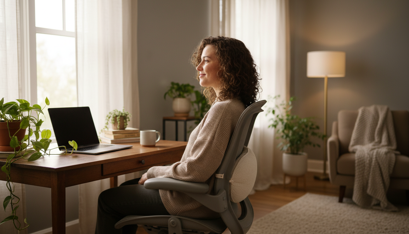Person using lumbar support pillow in office chair