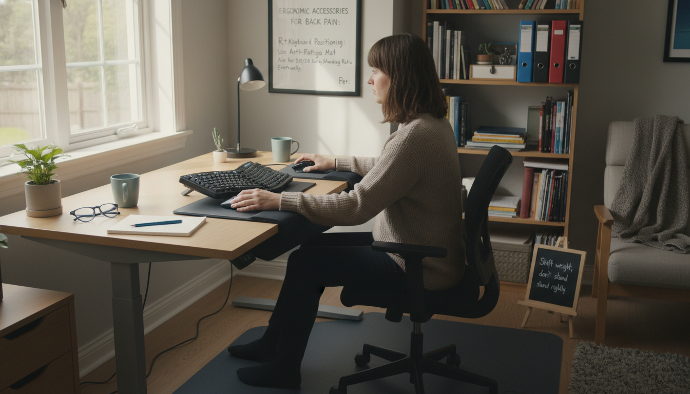 Person using lumbar support pillow in office chair