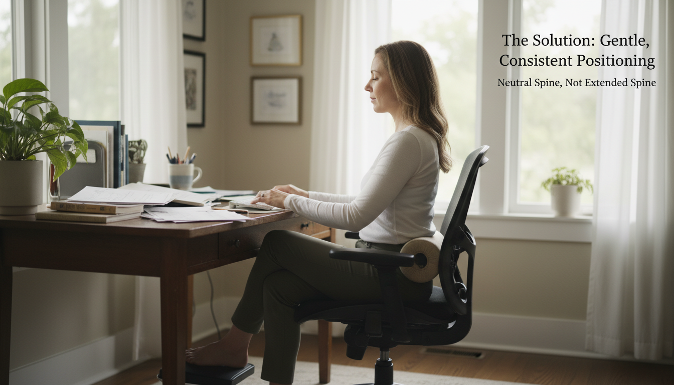 Person using lumbar support pillow in office chair