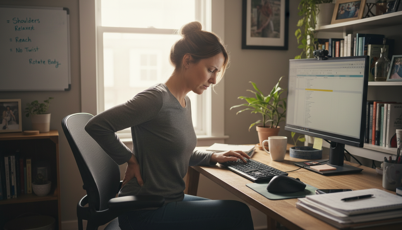 Person using lumbar support pillow in office chair