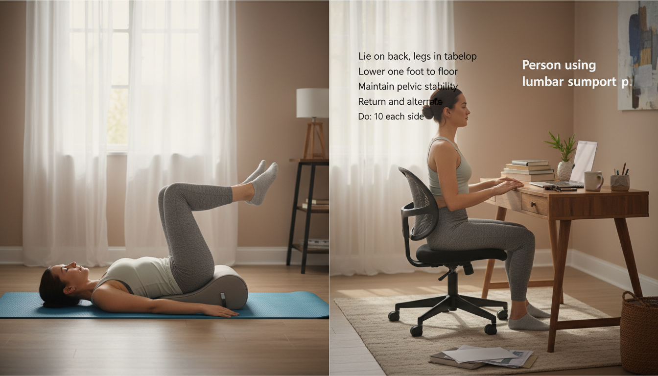 Person using lumbar support pillow in office chair