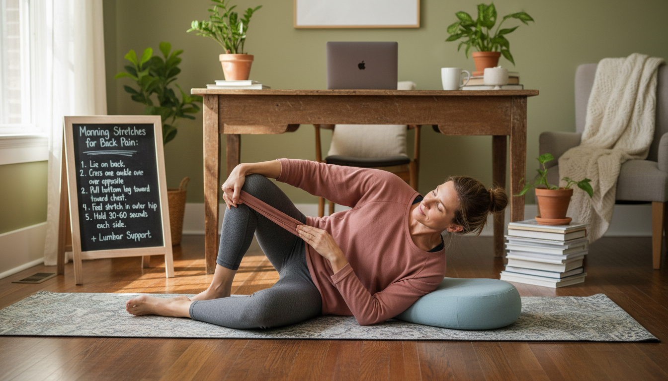 Person using lumbar support pillow in office chair