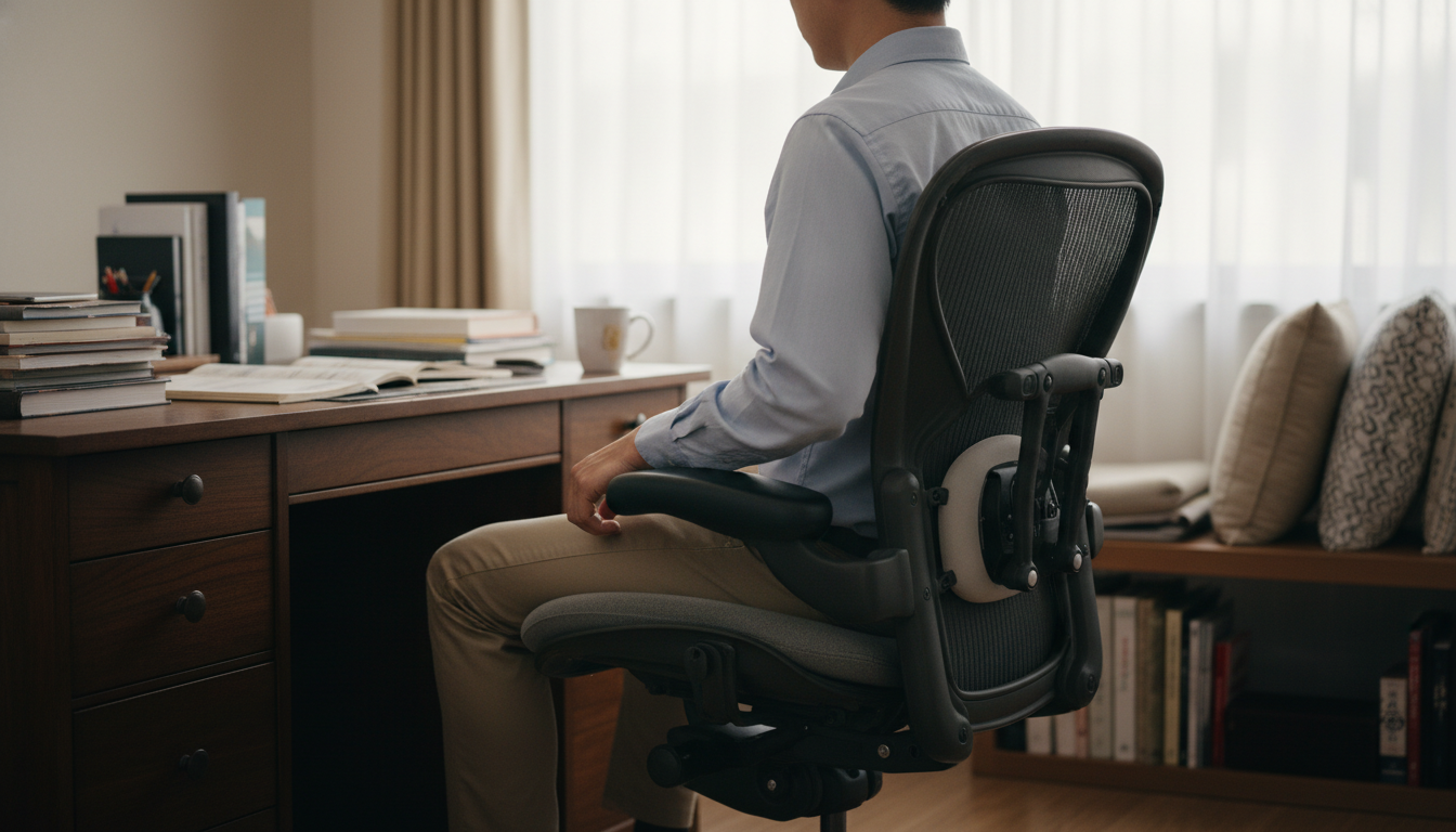 Person using lumbar support pillow in office chair