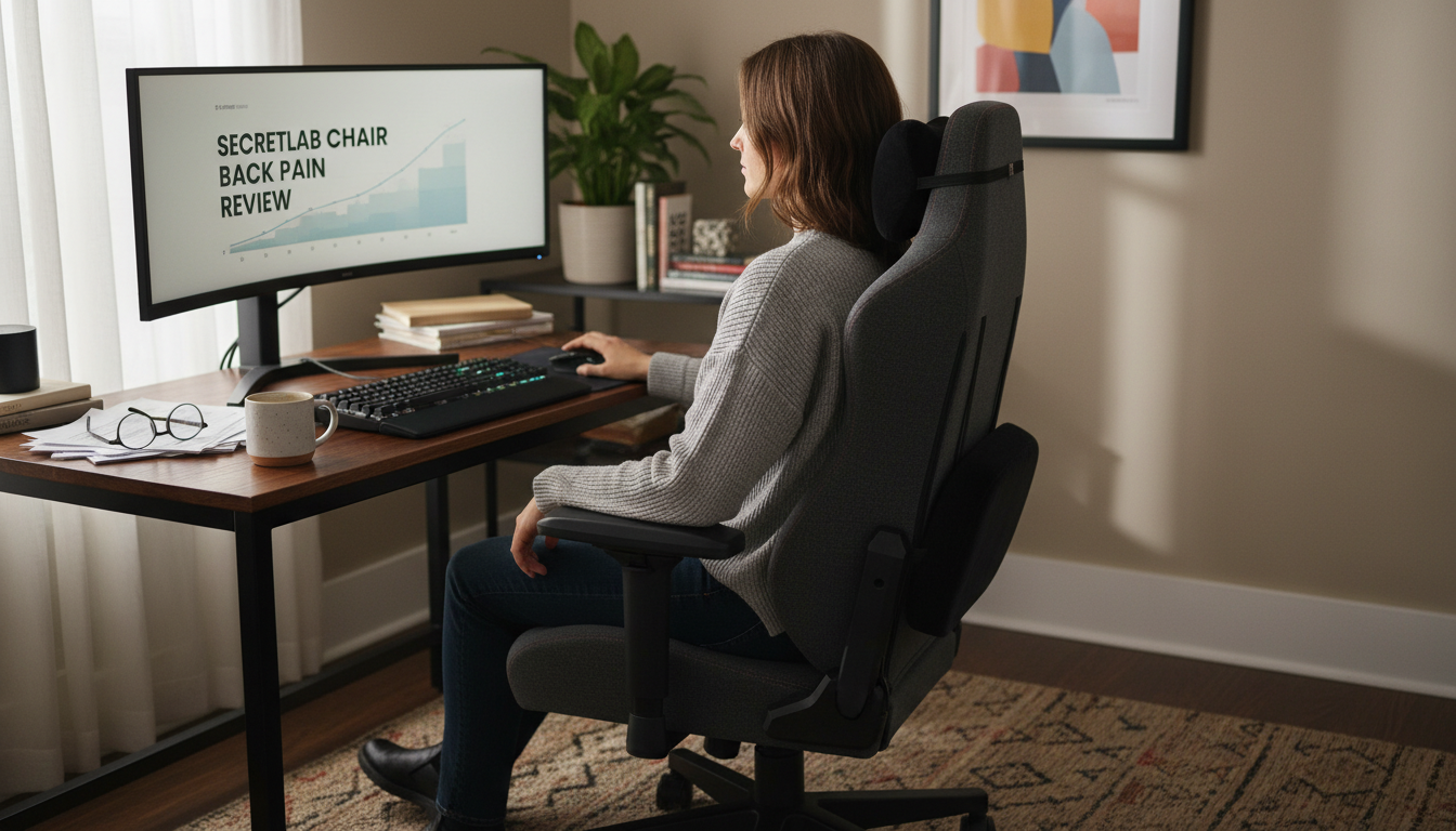 Person using lumbar support pillow in office chair