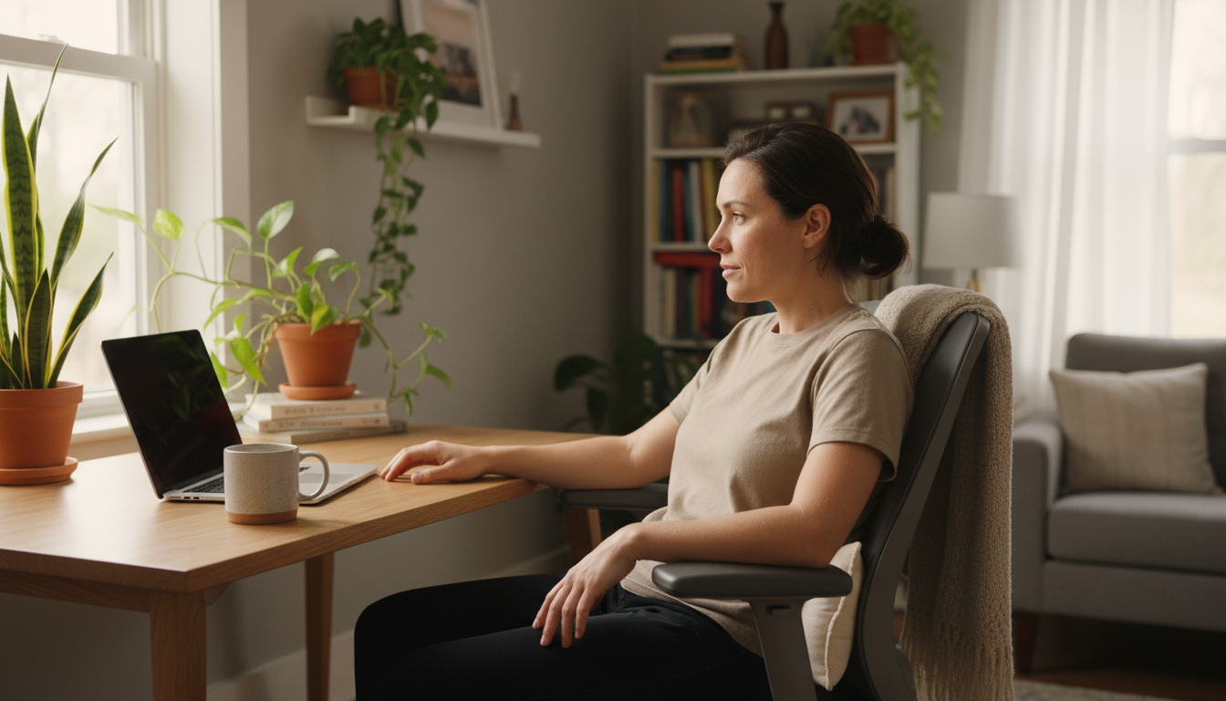 Person using lumbar support pillow in office chair
