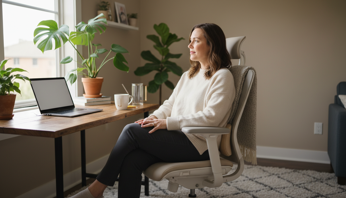 Person using lumbar support pillow in office chair