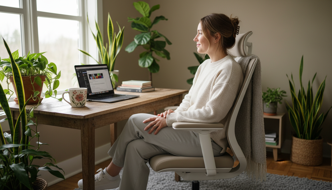 Person using lumbar support pillow in office chair
