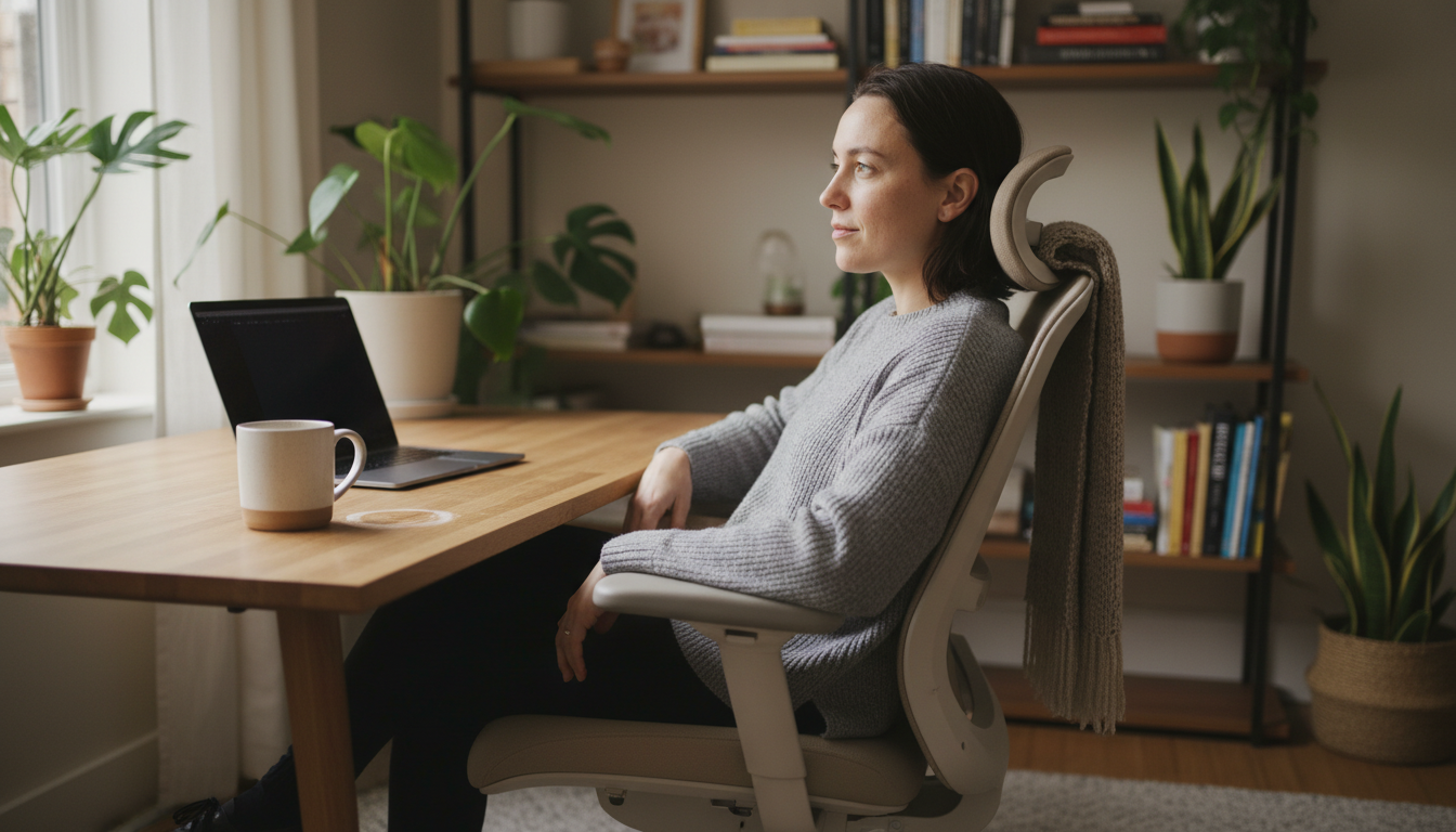 Person using lumbar support pillow in office chair