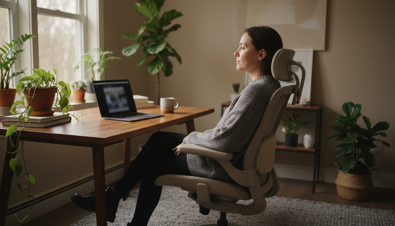 Person using lumbar support pillow in office chair