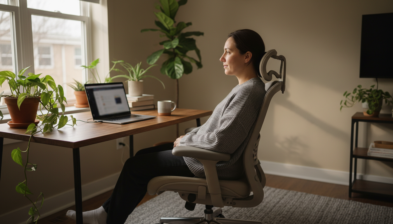 Person using lumbar support pillow in office chair