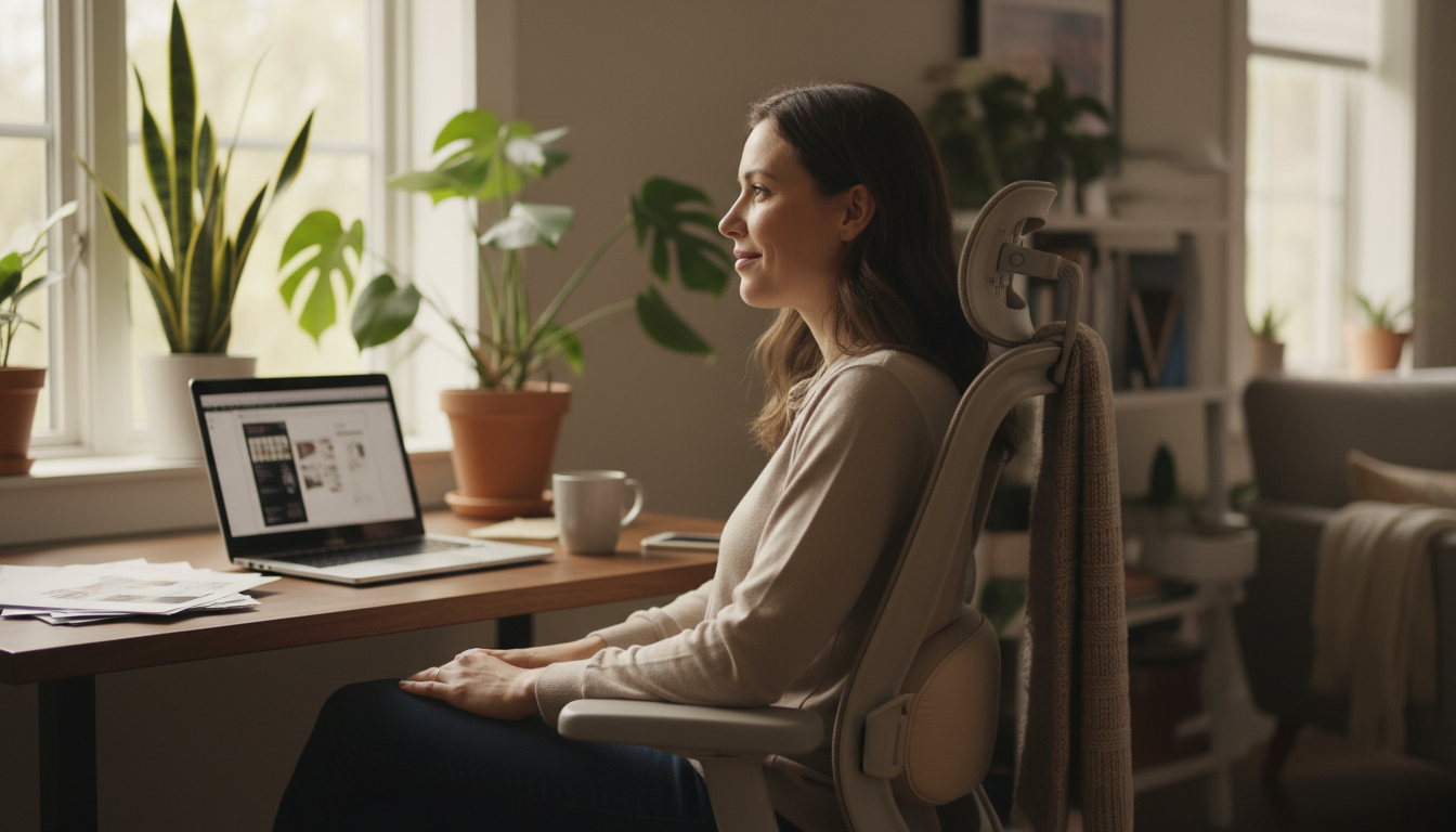 Person using lumbar support pillow in office chair