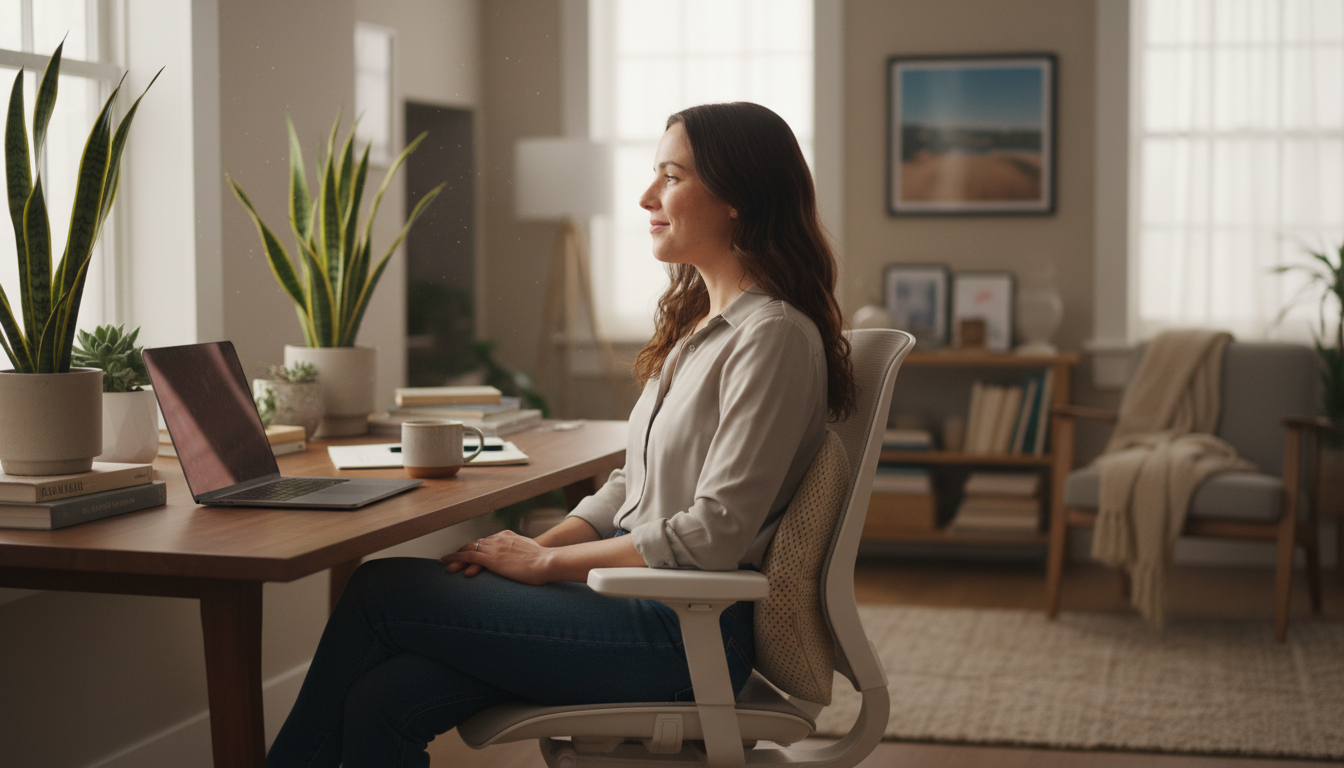 Person using lumbar support pillow in office chair