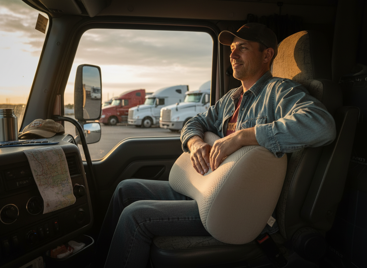 Person using lumbar support pillow in office chair
