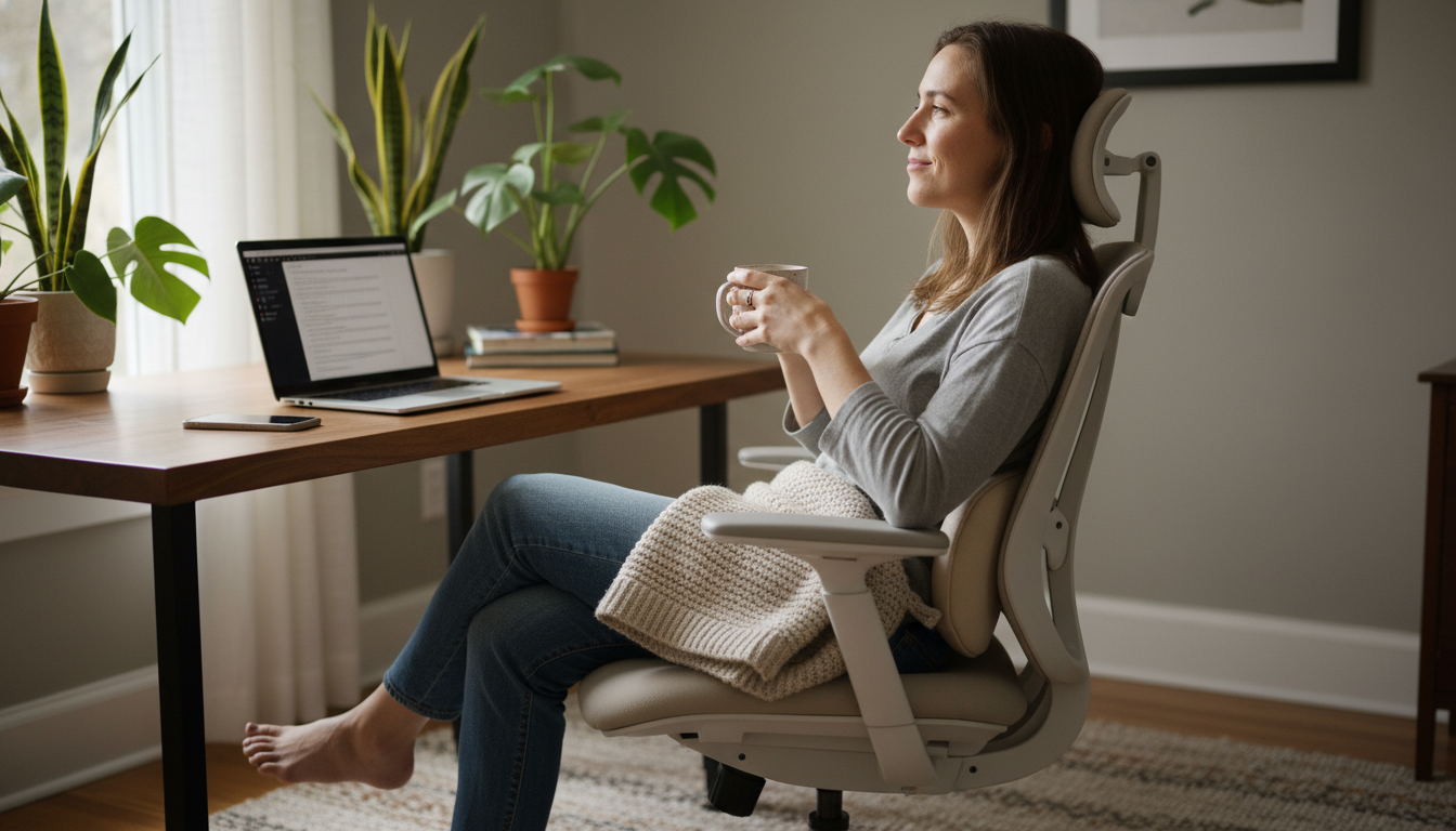 Person using lumbar support pillow in office chair