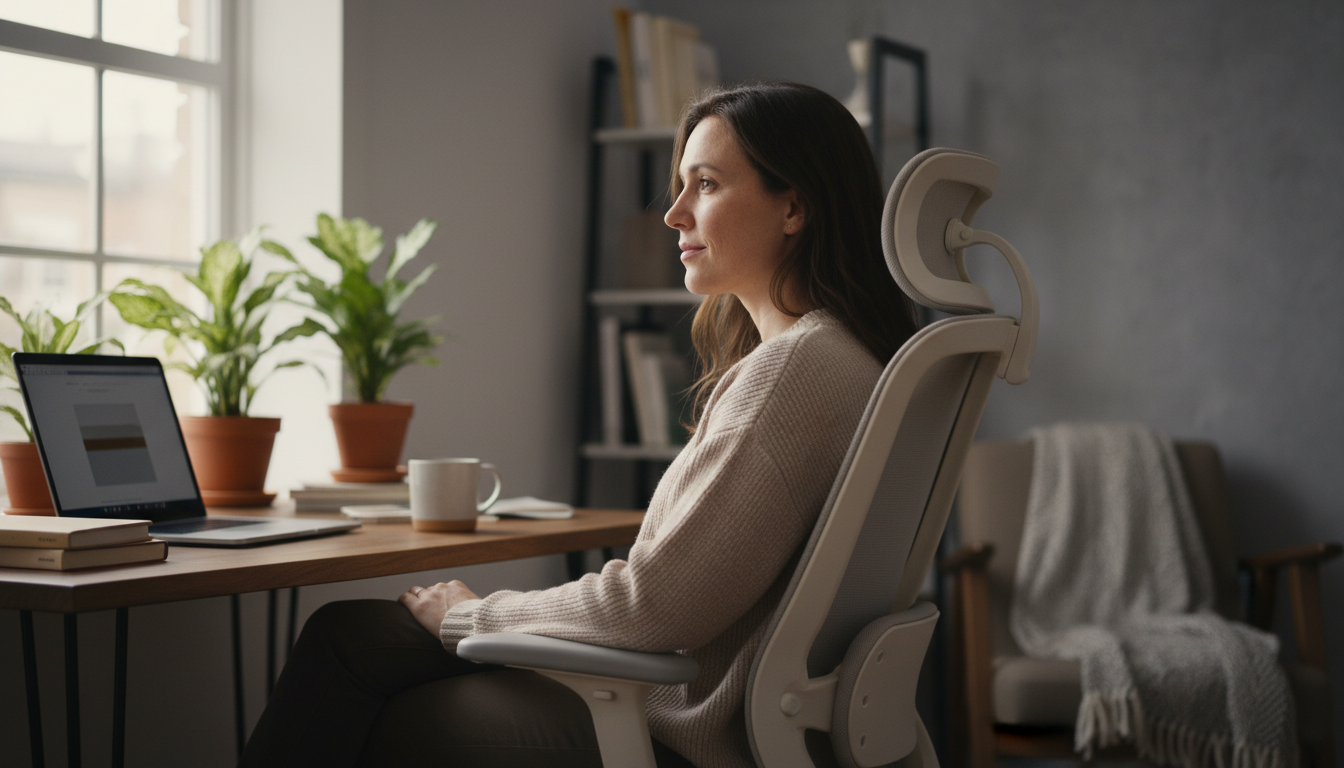 Person using lumbar support pillow in office chair